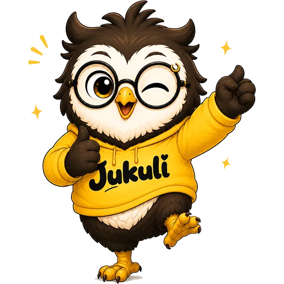 Jukuli, a small brown and cream owl wearing large black glasses and a yellow hoodie